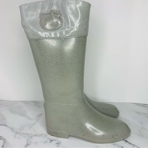 Hello kitty Rain Boots Angelina Grey Glitter Womens 9 Sanrio Rubber Cute Rare.